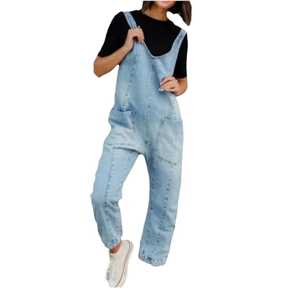 NWOT Free People We The Free High Roller Overalls jumpsuit in Whimsy Blue Size L
